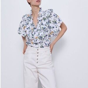 Zara Floral Eyelet Ruffle Top XS